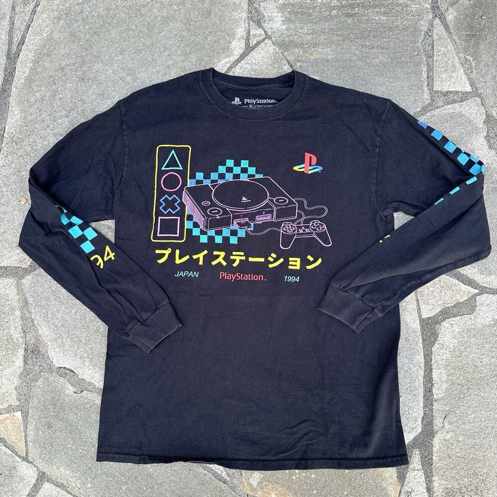 PlayStation Shirt Mens Medium Black Long Sleeve Retro Gamer PS1 Console Japan